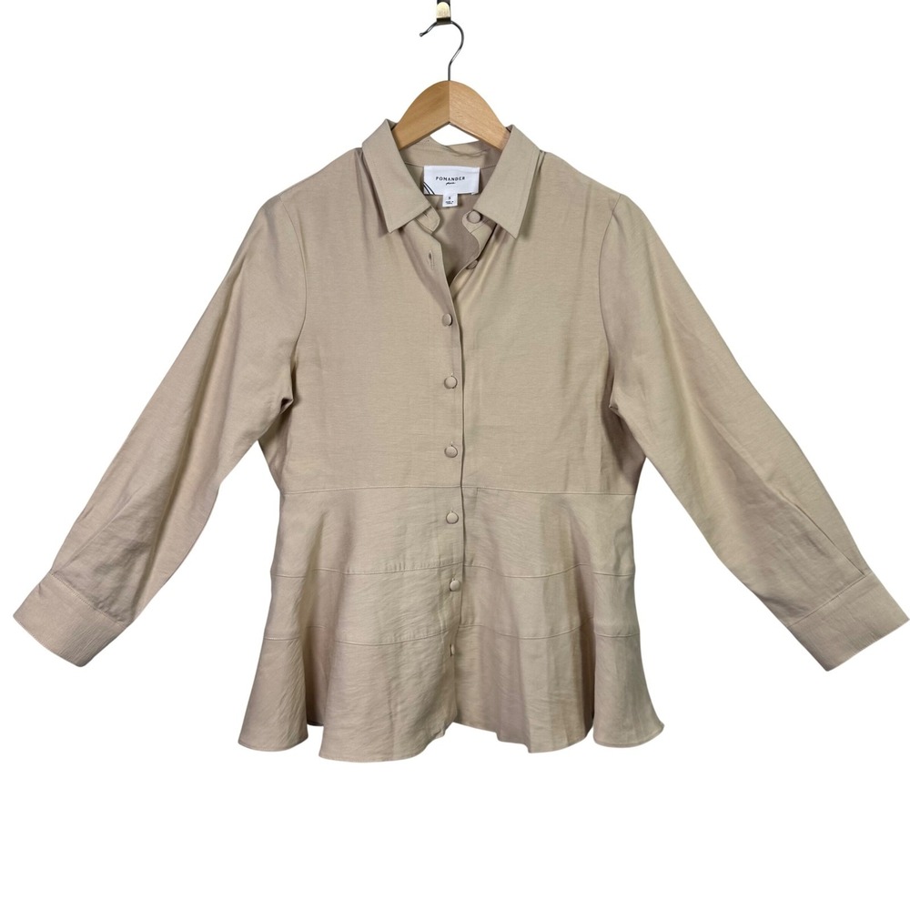 Pomander Place Peplum Top Small Beige Long Sleeve Tiered Button Front